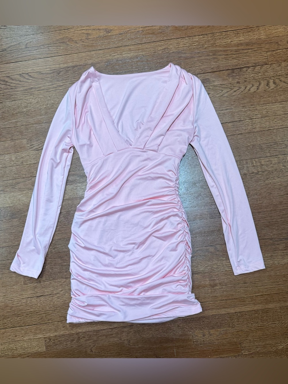 Fashion Nova Pink Ruched V-Neck Long Sleeve Dress - Size S